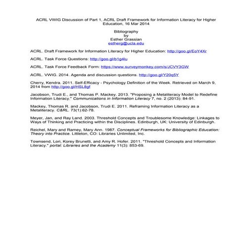 Discussion: Draft Part 1, ACRL IL Framework Bibliography 3-16-14
