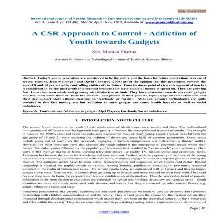 A CSR Approach to Control - Addiction of Youth towards Gadgets