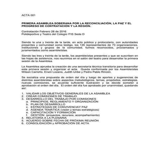 Acta 001 primera asamblea soberana por la reconciliación, la paz y el progres...
