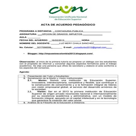 Acta de acuerdo pedagógico cun