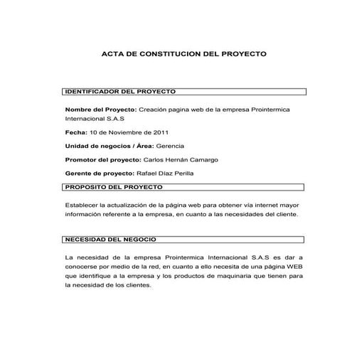 Acta de constitucion del Proyecto