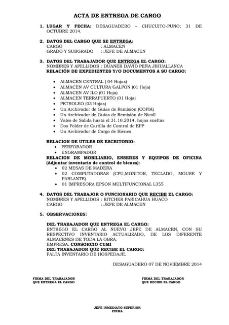 Acta de entrega de materiales