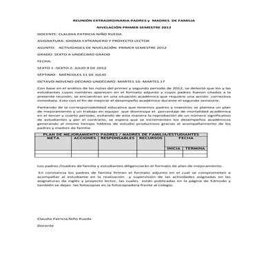 Acta de reunión extraordinaria padres de familia  nivelación primer semestre