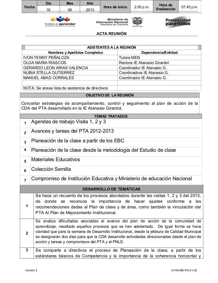 formato acta reunion de trabajo