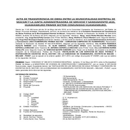 Acta de transferencia de obra huamanruro 