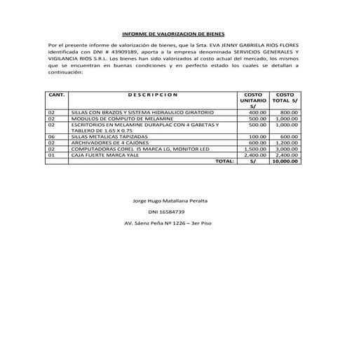 Acta de valorizacion y recepcion de bienes - Document Preview