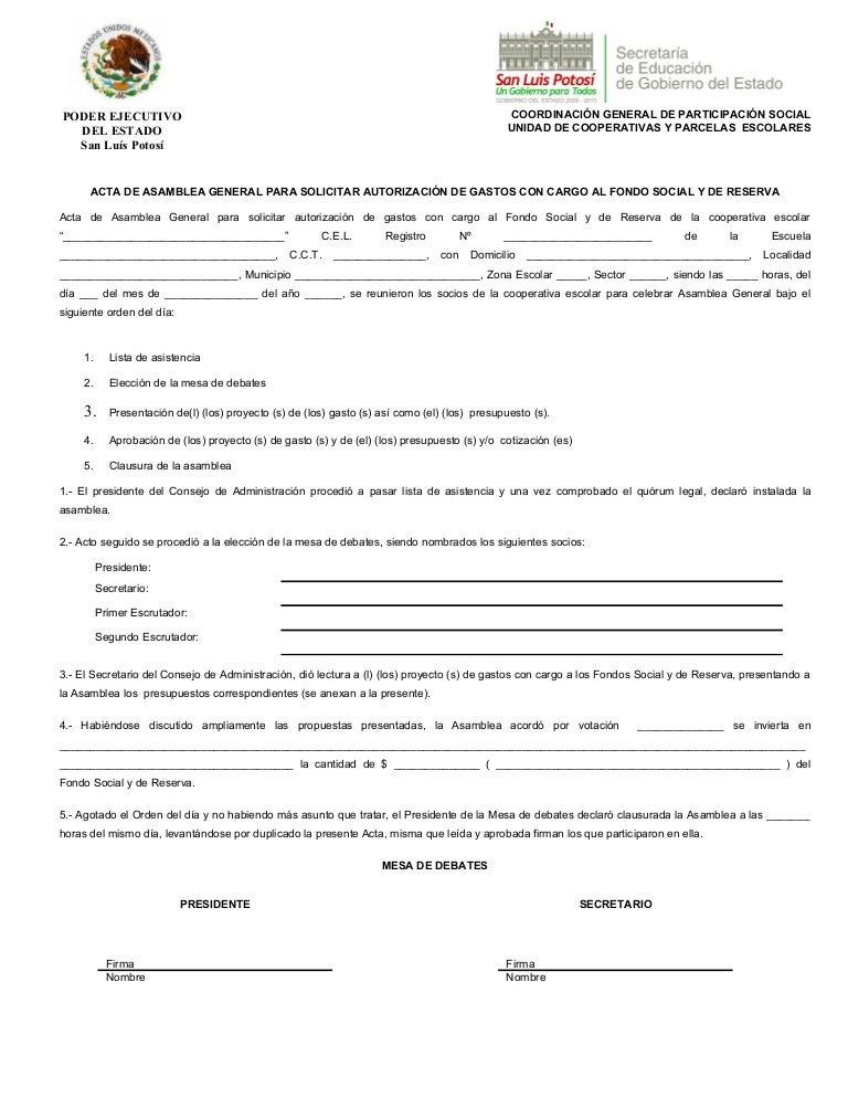 Acta para autorización de gastos (fondo social y de reserva)