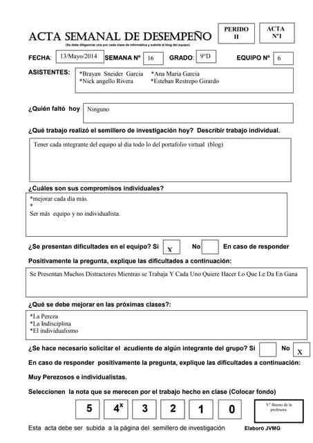 Acta semanal de desempeño