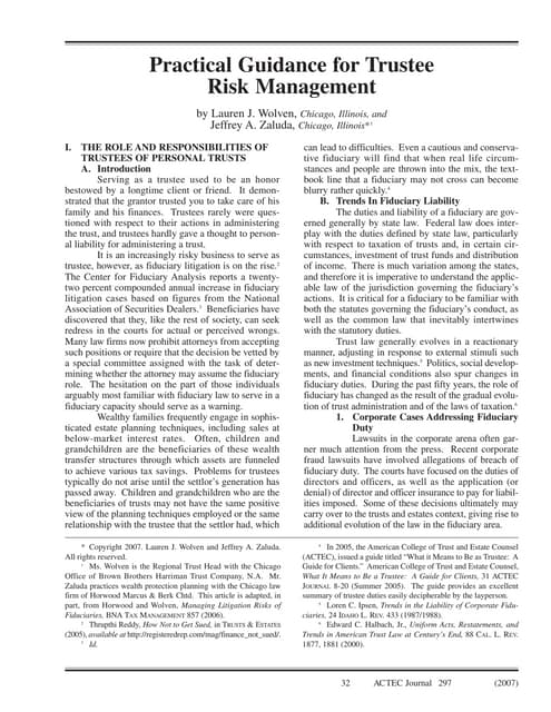 ACTEC Journal - Practical Guidance For Trustee Risk Management