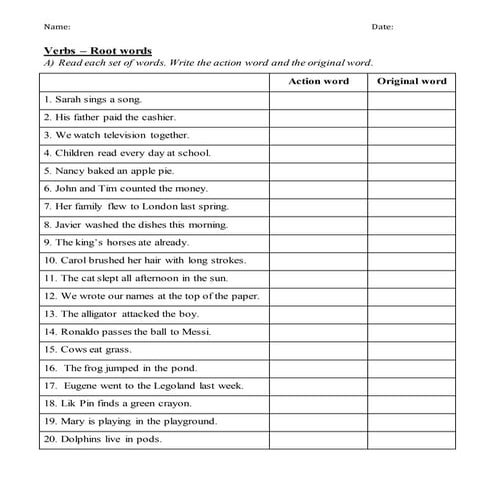 Action Verbs and Original word 