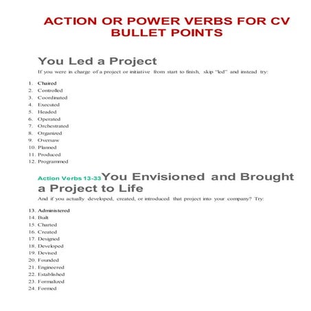 Action or Power Verbs for CV Bullet Points  - Different Categories of Duties ...