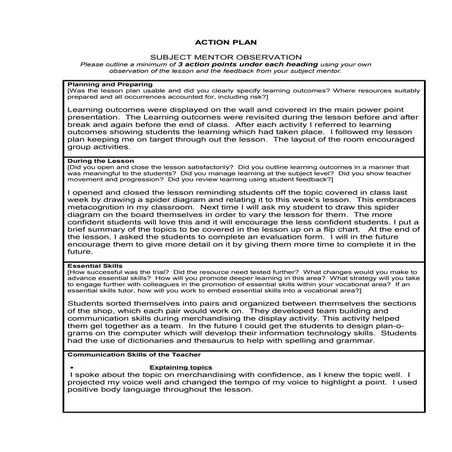 Action plan mentor obserbation pgce term 2