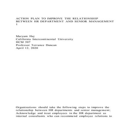 ACTION PLAN TO IMPROVE THE RELATIONSHIP BETWEEN HR DEPARTMENT AND 