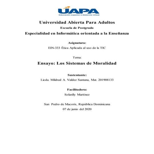 Ensayo Los Sistemas de Moralidad 