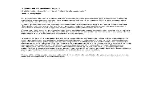 Actividad de Aprendizaje 3 Matriz de análisis de productos y servicios - LPQ ...