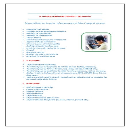 Actividades para mantenimiento preventivo