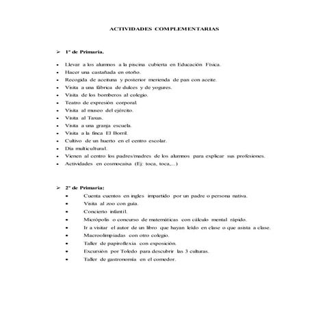 Actividades complementarias por niveles