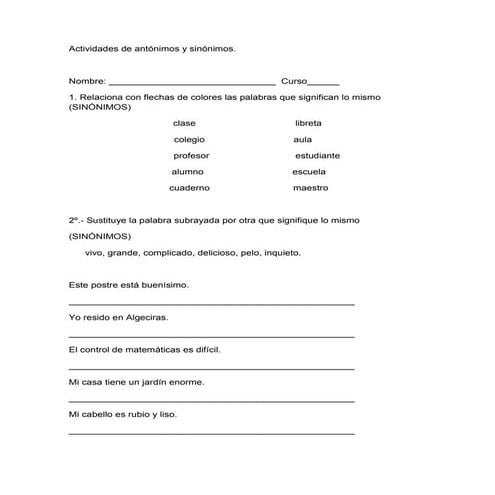Actividades de antónimos y sinónimos