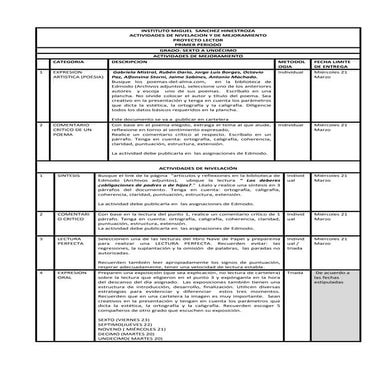 Actividades de mejoramiento proyecto lector primer periodo