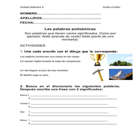 Actividades para trabajar las palabras polisémicas