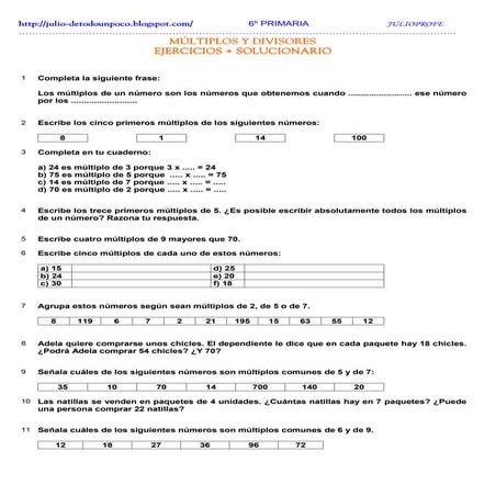 Actividades + solucionario múltiplos y divisores