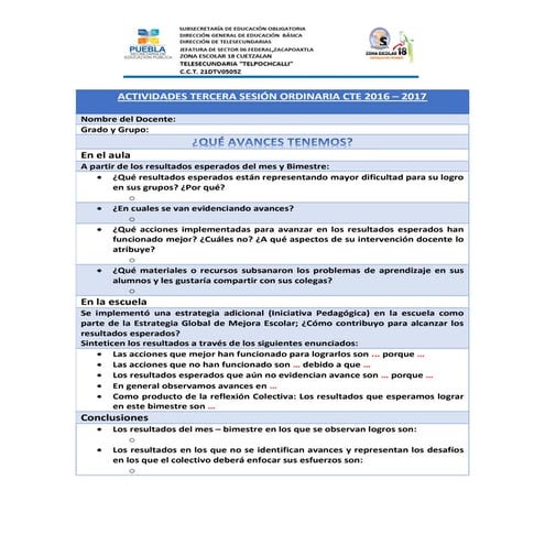 ACTIVIDADES TERCERA SESIÓN ORDINARIA CTE 2016 – 2017