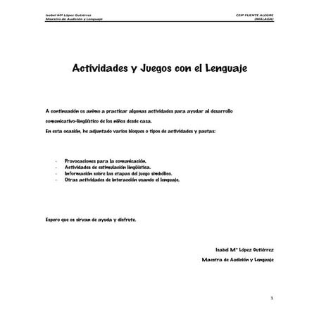 Actividades y juegos con el lenguaje infantil | PDF