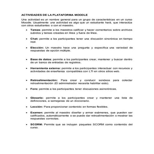 Actividades y recursos de la plataforma moodle