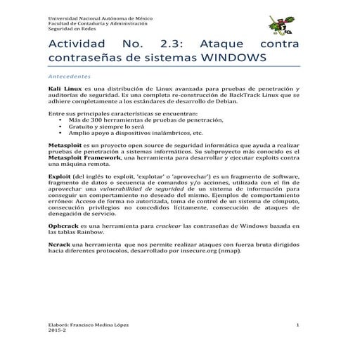 Actividad No. 2.3- Ataque contra contraseñas de sistemas WINDOWS