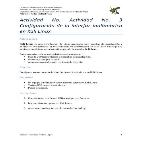 Actividad No. 3 Configuración de la interfaz inalámbrica en Kali Linux