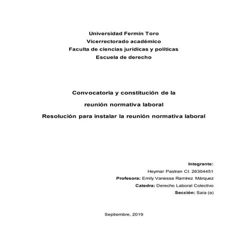 Convocatoria y constitución de la reunión normativa laboral  Resolución para instalar la reunión normativa laboral