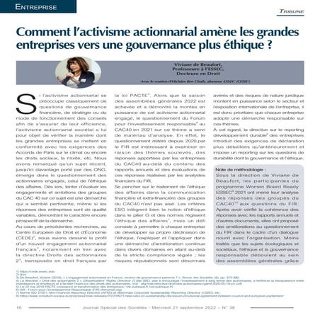 Activisme actionnarial - Pratique ethique des affaires JSS N°38 - 23 sept 202...