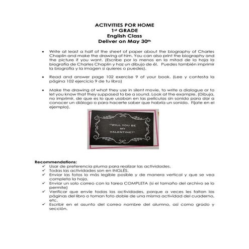 Activities por home for first grade (may 19 may 30) 1o A, B y c