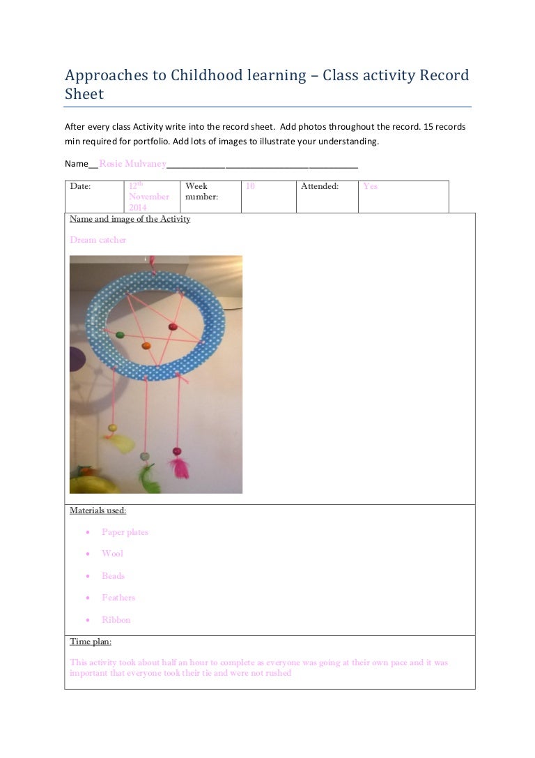 Dream catcher Childcare sheet