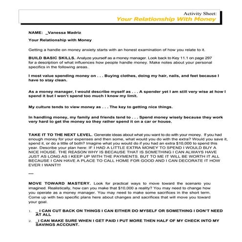 Activity sheet relationship with money
