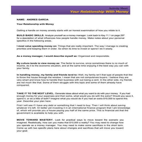 Activity sheet relationship with money