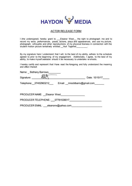 Cast release form | DOCX