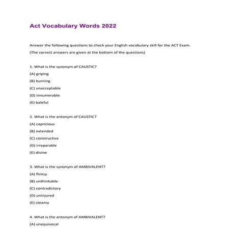 Act Vocabulary Words 2022