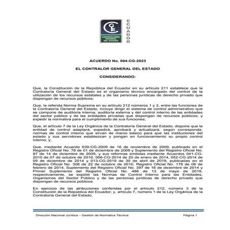 ACUERDO A-039-2023 NORMAS GENERALES Y TECNICAS DE CONTROL INTERNO ...