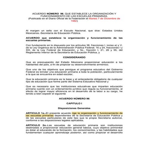 ACUERDO 96.. Organización y funcionamiento de las escuelas primarias | PDF