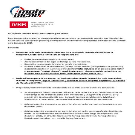 Acuerdo de servicios Mototecnix IVMM Racing Team para pilotos
