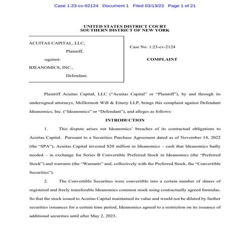 Acuitas Capital vs. Ideanomics