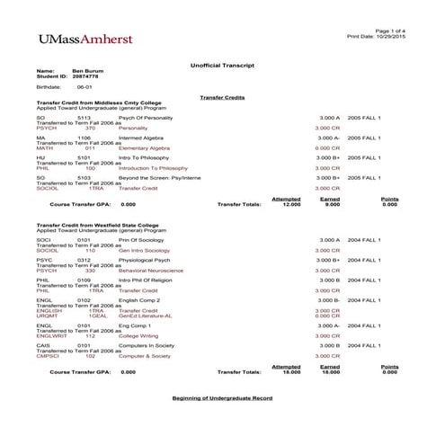UmassAmherstUnofficialTranscript | PDF