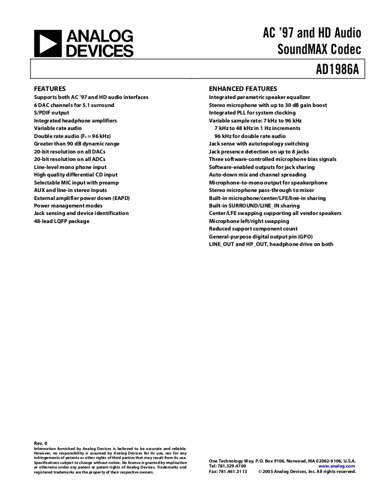 High definition audio adi ad1986a soundmax 6channel