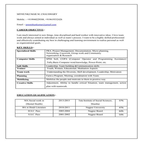 Resume of Mithunkumar C updates
