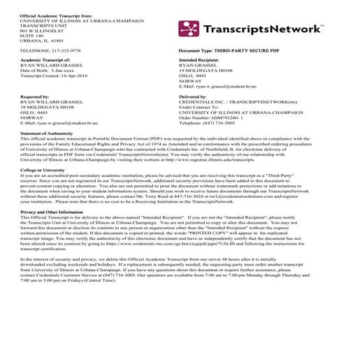 Ryan Grassel University of Illinois Nondegree Transcript-Calculus II