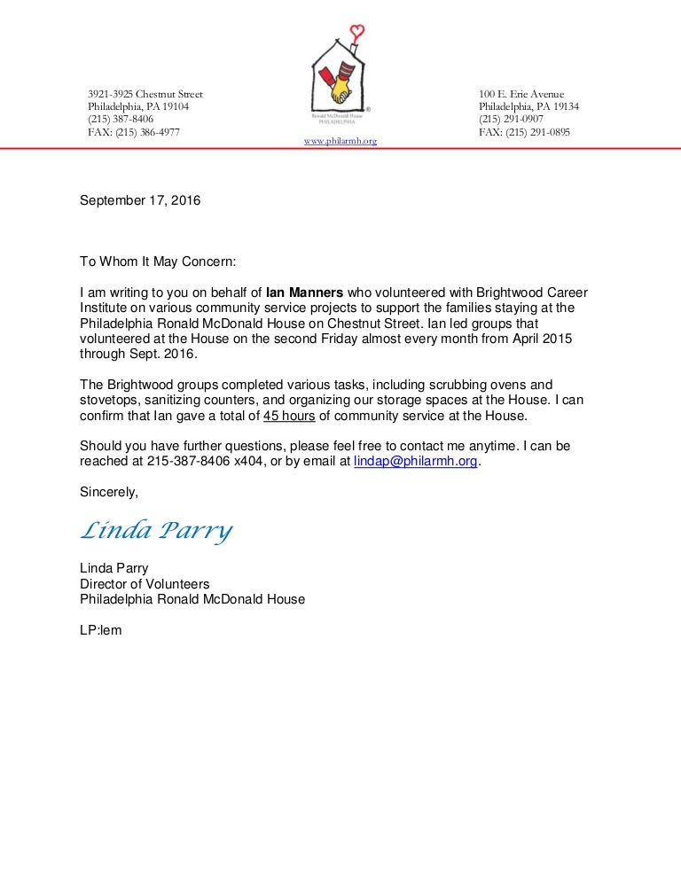 community service letter for ian manners at brightwood cover letter for community service