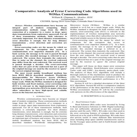 Analysis of Error Correcting Code Algorithms used in WiMax Communications