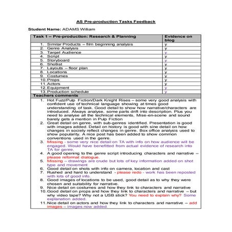 Aaron cork as pre production tasks feedback sheet | DOCX