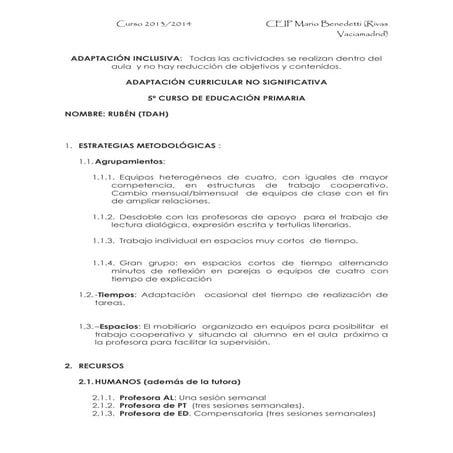 Adaptación inclusiva TDAH. CEIP Mario Benedetti.